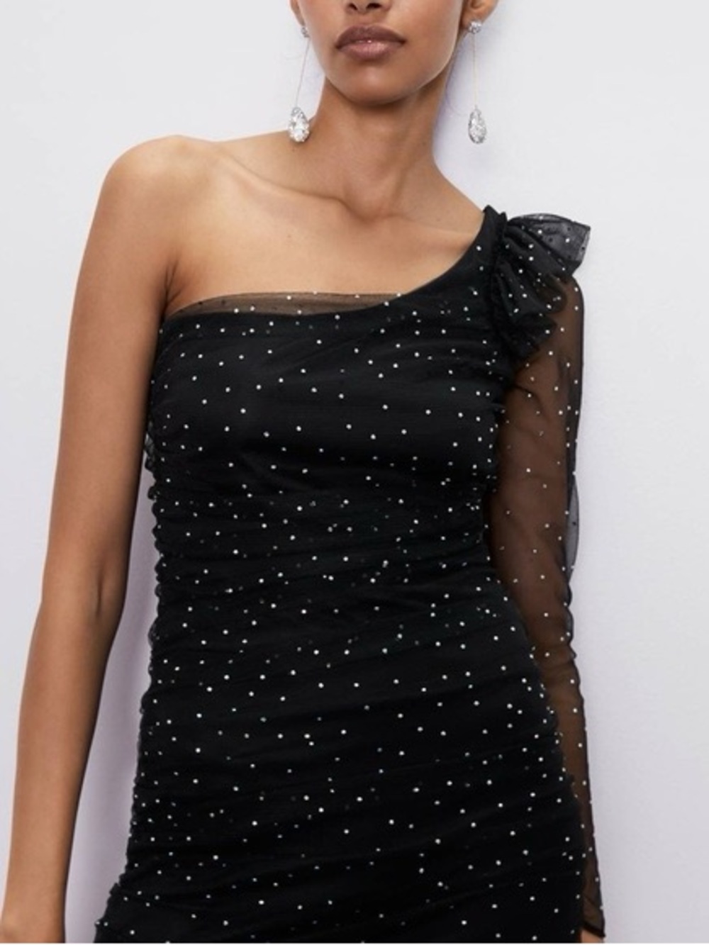 Zara Black One-Shoulder Pearl-Embellished Mesh Dress